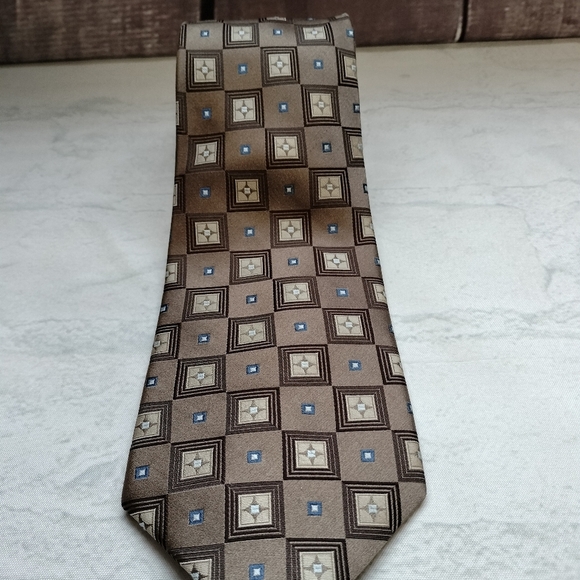 Insignia by Martin Wong Gold Bronze Silk Handmade Geometric Blue Accents Tie - Picture 7 of 9